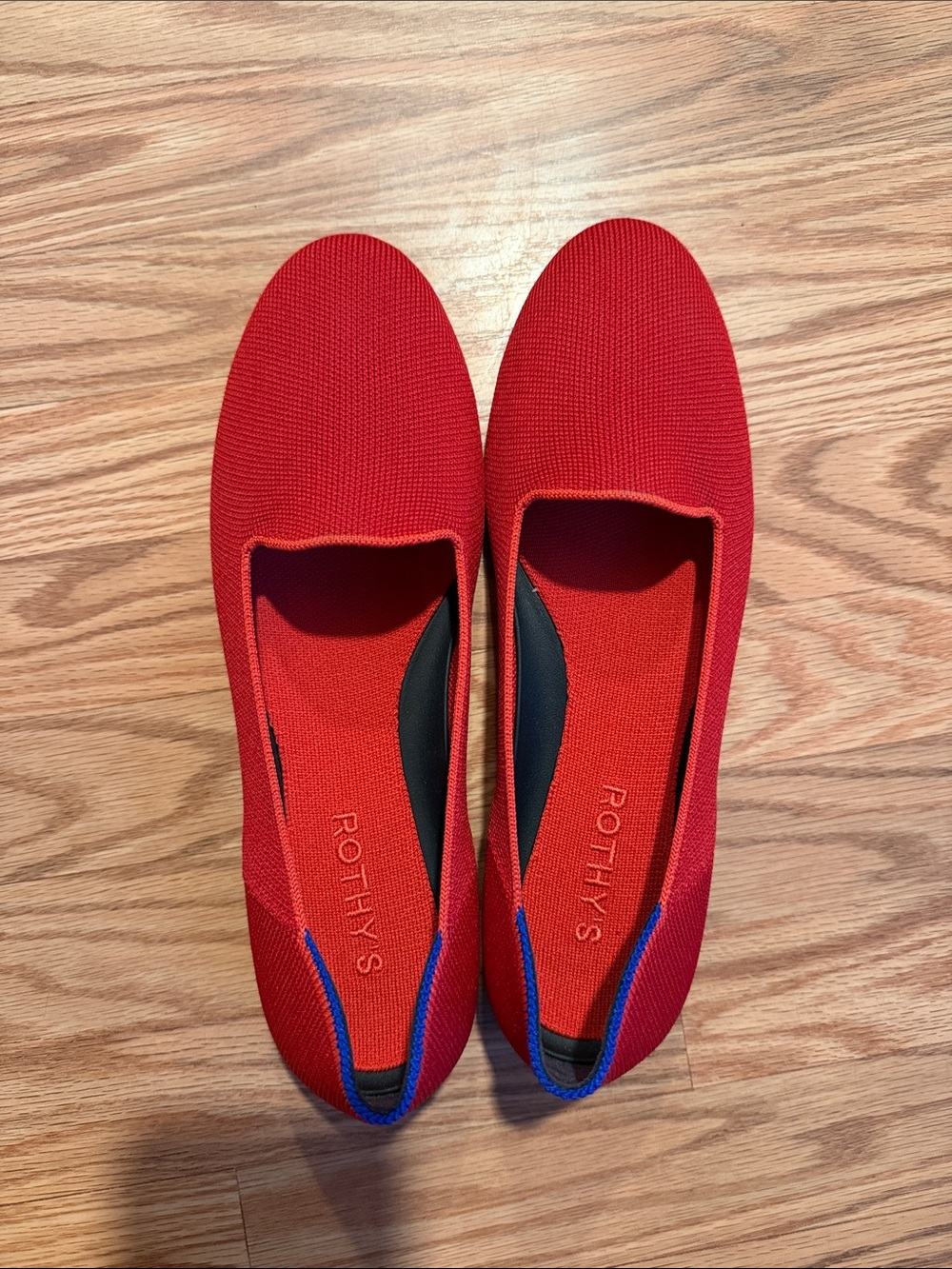 Rothy's Red Knit Slip-On Flats with Blue Heel Trim